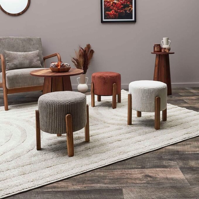 Tabouret en tissu côtelé terracotta et bois d'acacia - Scarlett