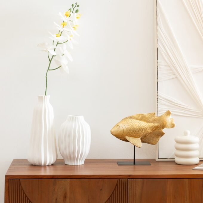 Vase strié "Fernan" Céramique, Blanc, H.30 cm